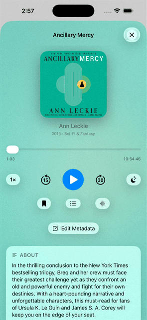 Spine audiobook detail page with series info and chapters