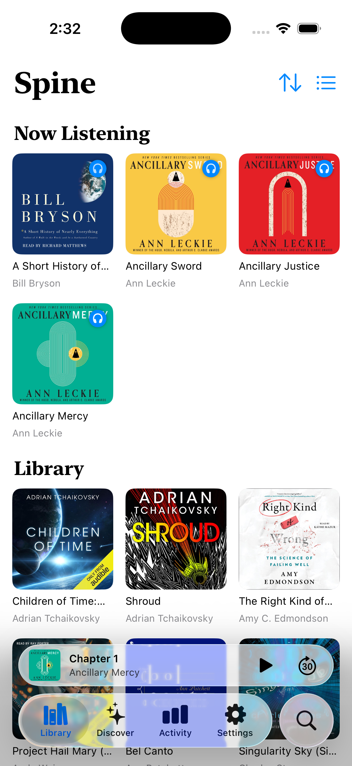 Spine library home — Now Listening, Library, and Finished sections