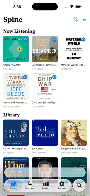 Spine library home — Now Listening, Library, Finished