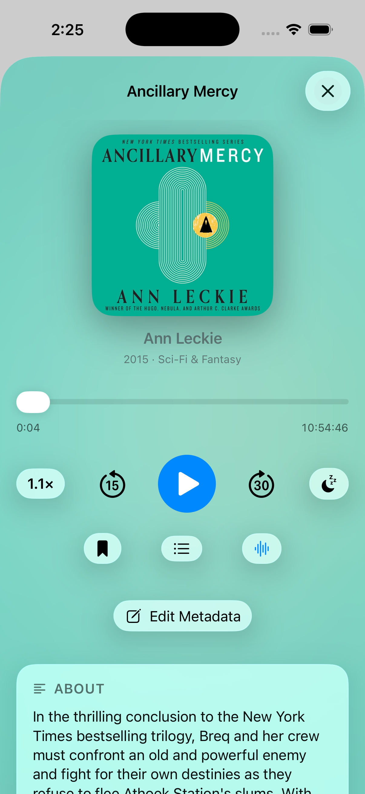 Spine book detail page with inline player controls