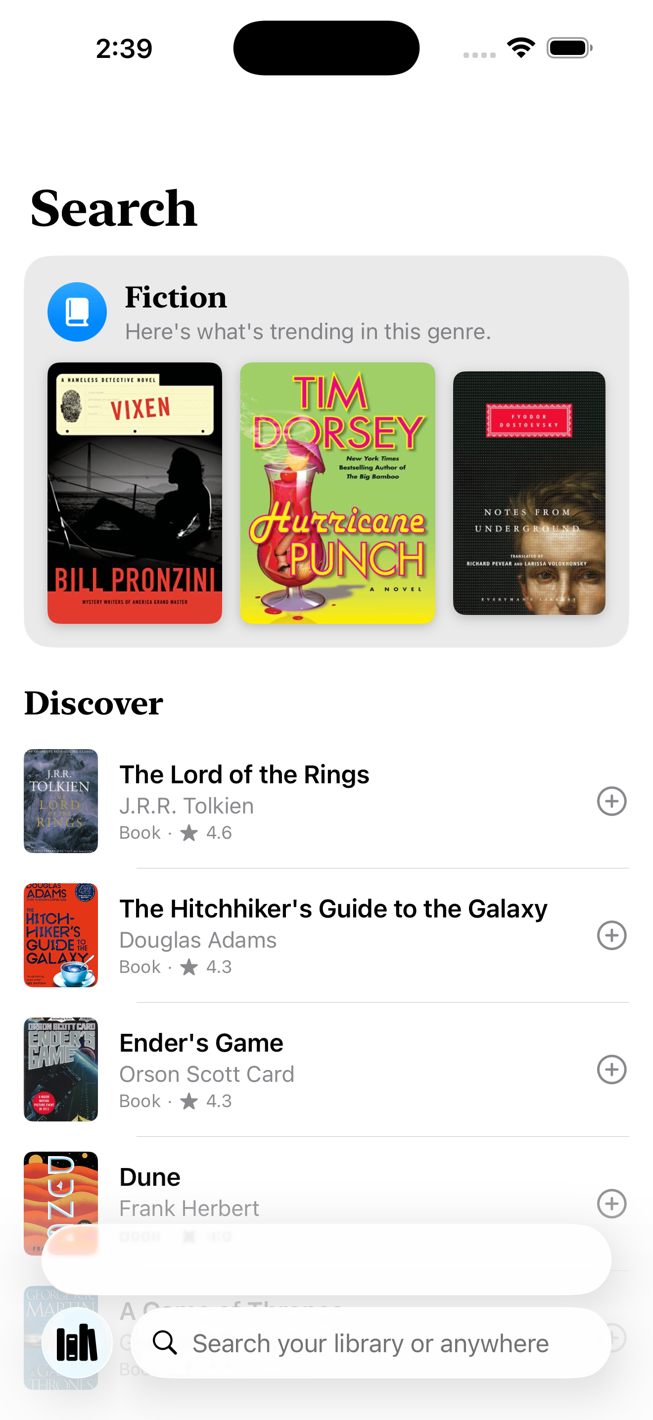 Spine search tab — trending genre card, Discover list, and trending searches