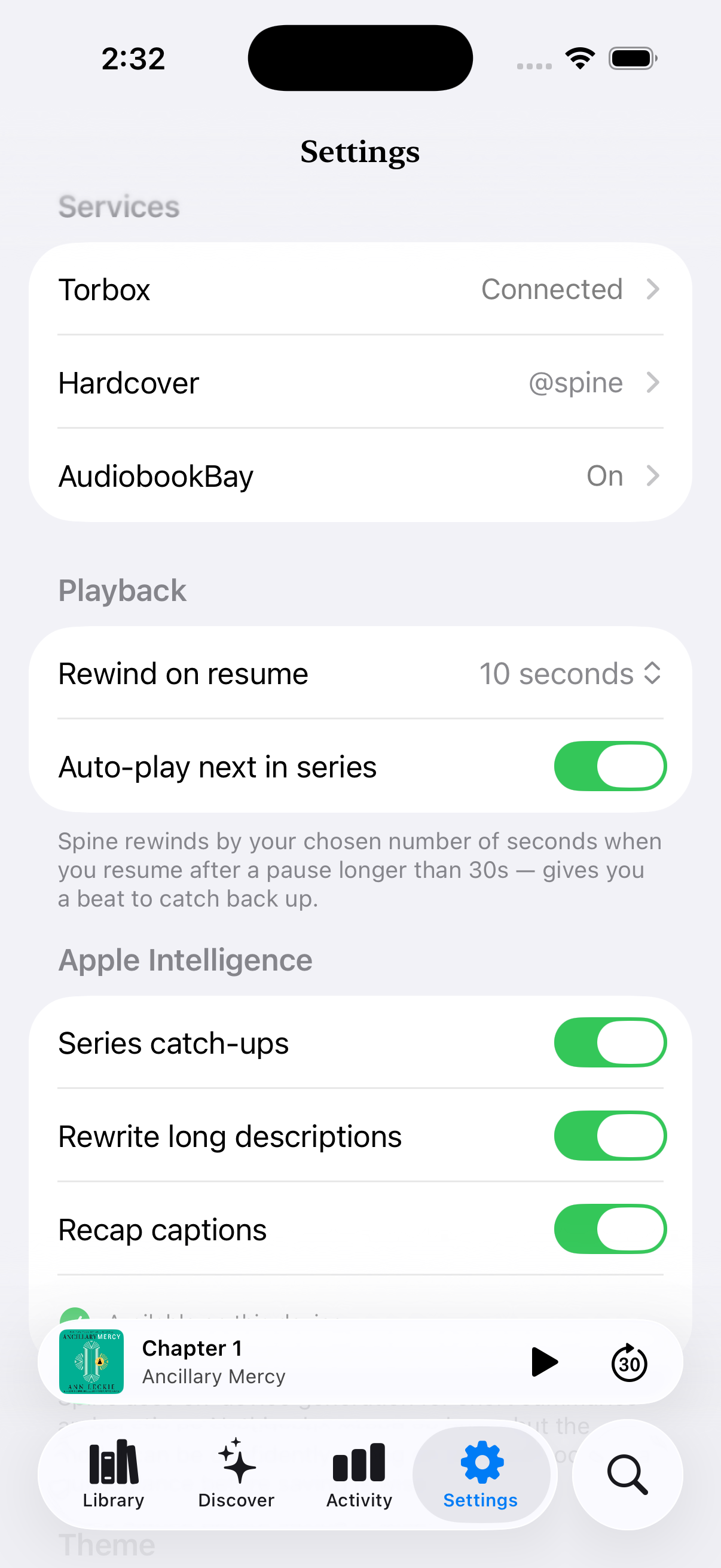 Spine settings — cloud library and Hardcover connections, preferences