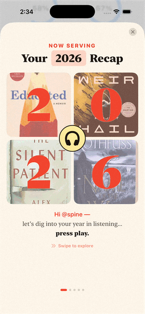 Spine Recap finale — Hardcover-synced books read, by-the-numbers strip, share and copy buttons